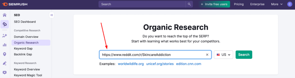 Screenshot: How to Use Semrush Organic Research with a Subreddit