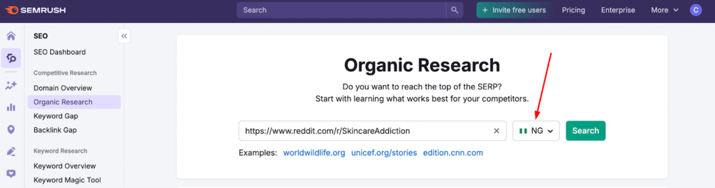 Screenshot: How to Use Semrush Organic Research with a Subreddit