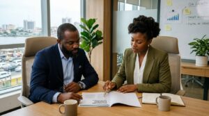 A lady and a man discussing in the office