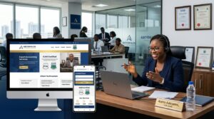 An accounting firm website displayed on a desktop and smartphone screen, showing ICAN certifications, client testimonials, contact forms, and professional service pages