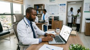 A doctor sitting in a hospital office using a laptop to search for healthcare services online