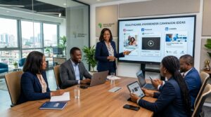 A team of healthcare executives and medical administrators creating social media content inside a conference room