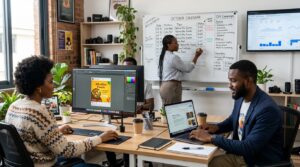 A marketing team working in a content studio office