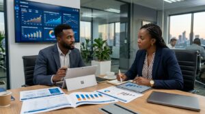Two business owners reviewing social media pricing charts on a tablet while speaking with a marketing consultant