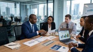 A group of people discussing marketing proposals