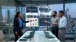 A split-screen visual showing four different website project concepts on floating holographic screens