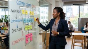 A woman standing in front of a large glass whiteboard, mapping out a customer journey funnel with sticky notes and arrows