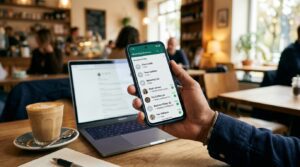 a hand holding a smartphone displaying a WhatsApp Business chat with unread messages