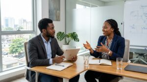 a man and a woman, seated across from each other at a meeting table