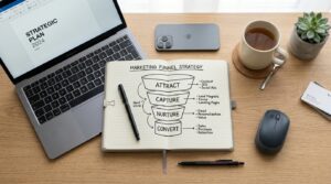 a neat desk with a notebook showing a hand-drawn funnel diagram labeled with stages (Attract, Capture, Nurture, Convert), beside a laptop, a smartphone, and a cup of tea