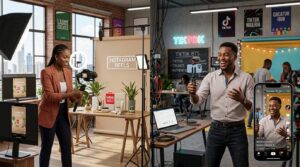 A side-by-side content creation setup featuring content creators producing different styles of content for Instagram and TikTok.