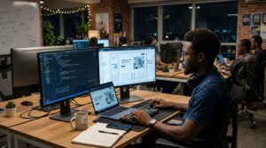 A website designer working late in a modern workspace, dual monitors displaying website wireframes, responsive web layouts, coding interface, and UI design tools