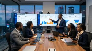 digital marketers in a modern conference room analyzing campaign performance dashboards, SEO graphs, Google Ads metrics, social media analytics, and conversion reports on large screens