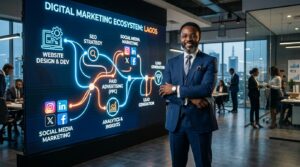 An executive standing confidently in front of a large digital display showing an interconnected system of website design, SEO, social media marketing, paid advertising, analytics, and lead generation flowing together