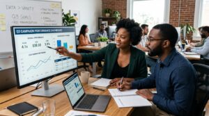 A man and a woman are analysing marketing reports on a large desktop monitor showing conversion rates, ROAS, customer acquisition cost, lead generation metrics, and campaign performance charts.