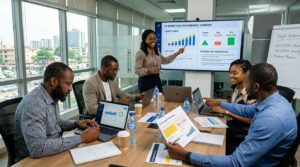 A group of professionals reviewing campaign performance reports during a strategy session