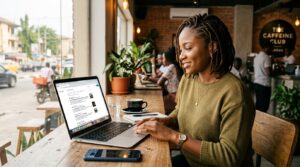 A young woman in casual smart clothing sitting at a modern café using a laptop while researching online.