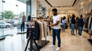 A commercial lifestyle photograph inside a large luxury fashion retail store