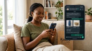 A lady sitting on a sofa using a smartphone. The screen shows a realistic WhatsApp Business conversation