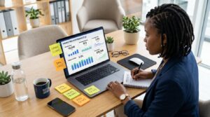 A lady wearing casual office clothing, looking at the conversion graph, while taking notes