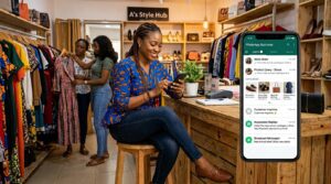 A lady using WhatsApp Business on her smartphone while sitting in her boutique store