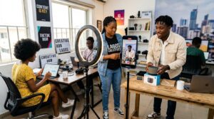 A group of young content creators creating short-form video content for social media.
