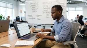 A man analyzing Google Ads performance on a laptop