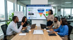 A business team gathered around a conference table, reviewing a complete digital marketing strategy.
