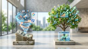 A photorealistic concept showing two business growth paths