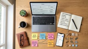 A top-down flat-lay of a business planning desk with a laptop showing a website wireframe, a notebook containing handwritten keyword ideas, sticky notes, and a smartphone displaying a Google Business Profile