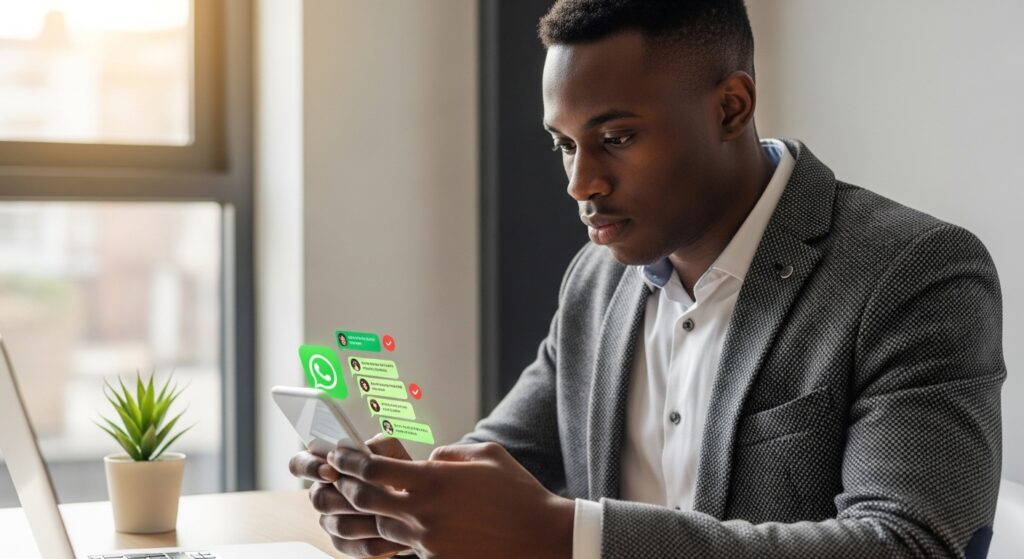 A young professional man sitting and using his smartphone, focused on marketing through WhatsApp