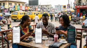Three Nigerians using smartphones