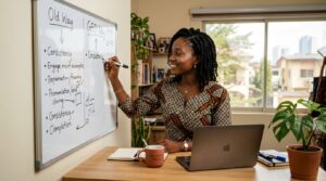 A young lady writing on a whiteboard