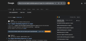 Google search screenshot for "What is the best digital marketing agency in Lagos for a small fashion brand?"