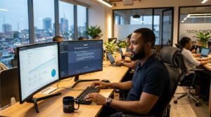A young man reviewing analytics dashboard
