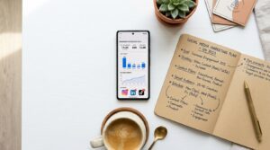 A desk with a marketing plan, and a mobile phone