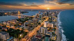 aerial drone photograph of Victoria Island Lagos Nigeria at golden hour
