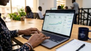 A woman working on a laptop