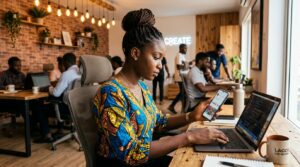A young Nigerian woman in her late 20s sitting in a co-working space