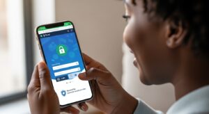 A lady holding a smartphone, viewing a fintech website