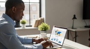 A man working on a laptop in a modern office or home workspace