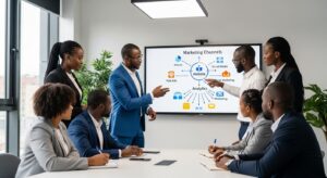 A workspace with a team of professionals discussing strategy around a table