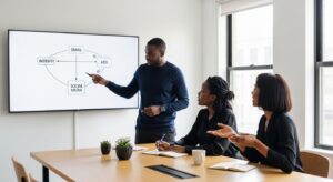 a small team of professionals discussing marketing strategy around a table