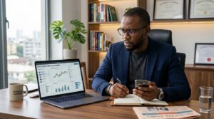 A professional sitting at a desk, researching investment firms on a laptop and smartphone.