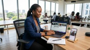 A content marketing professional working on multiple devices