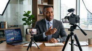 A financial expert in business attire recording a video in a professional office setup