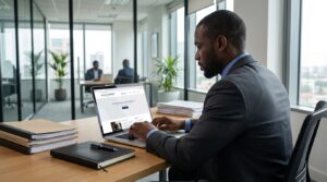 A man working on his laptop, scrolling through a website