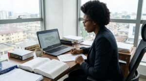 A lady seated at a desk writing and reviewing a legal article on a laptop