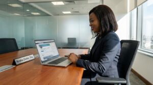 A lawyer using a laptop with LinkedIn open on the screen