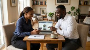 Couples browsing properties on their laptop